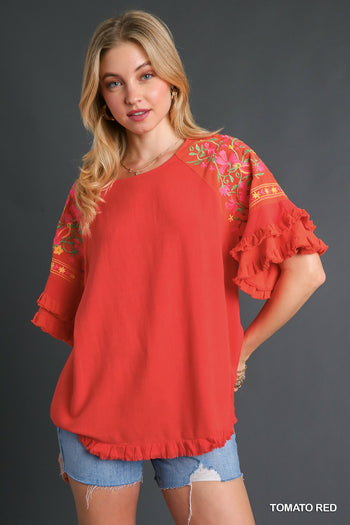 Umgee Linen Blend Top with Embroidery in Tomato Red