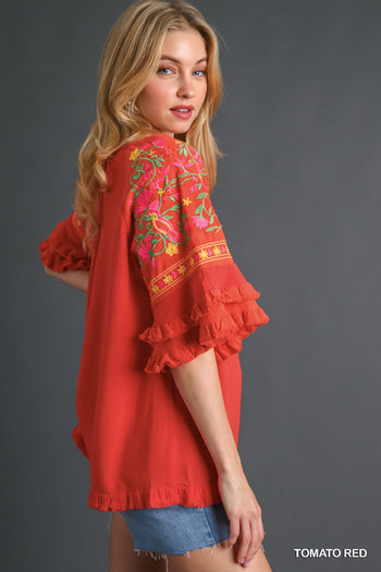 Umgee Linen Blend Top with Embroidery in Tomato Red