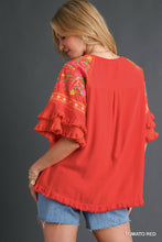 Load image into Gallery viewer, Umgee Linen Blend Top with Embroidery in Tomato Red

