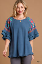 Load image into Gallery viewer, Umgee Linen Blend Top with Embroidery in Teal
