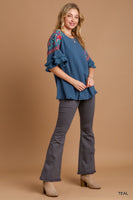 Umgee Linen Blend Top with Embroidery in Teal