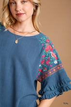 Load image into Gallery viewer, Umgee Linen Blend Top with Embroidery in Teal
