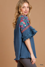 Load image into Gallery viewer, Umgee Linen Blend Top with Embroidery in Teal
