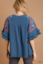 Load image into Gallery viewer, Umgee Linen Blend Top with Embroidery in Teal
