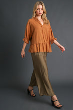 Load image into Gallery viewer, Umgee Linen Blend Top with Half Button Detail and Frayed Hemline in Camel
