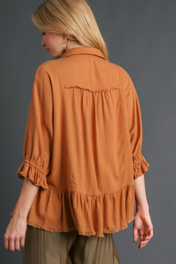 Umgee Linen Blend Top with Half Button Detail and Frayed Hemline in Camel
