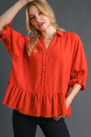 Umgee Linen Blend Top with Half Button Detail and Frayed Hemline in Red Orange