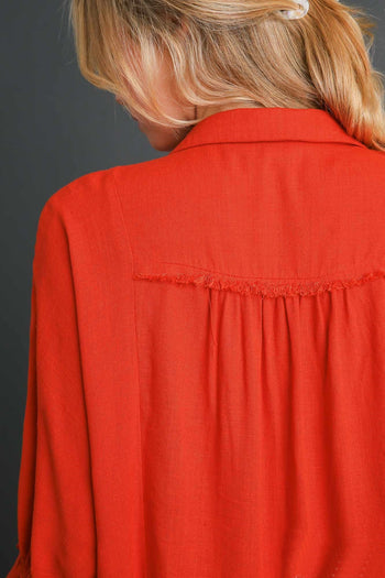 Umgee Linen Blend Top with Half Button Detail and Frayed Hemline in Red Orange