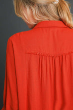 Load image into Gallery viewer, Umgee Linen Blend Top with Half Button Detail and Frayed Hemline in Red Orange
