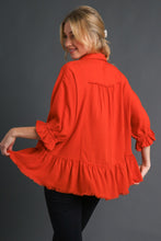 Load image into Gallery viewer, Umgee Linen Blend Top with Half Button Detail and Frayed Hemline in Red Orange
