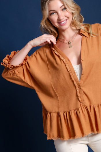 Umgee Linen Blend Top with Half Button Detail and Frayed Hemline in Camel