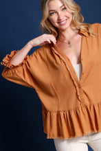 Load image into Gallery viewer, Umgee Linen Blend Top with Half Button Detail and Frayed Hemline in Camel

