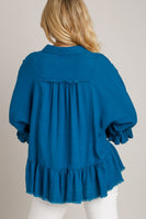 Umgee Linen Blend Top with Half Button Detail and Frayed Hemline in Teal Blue