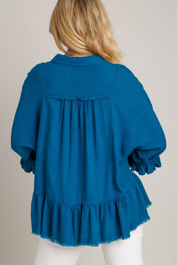 Umgee Linen Blend Top with Half Button Detail and Frayed Hemline in Teal Blue
