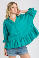 Umgee Linen Blend Top with Half Button Detail and Frayed Hemline in Jade Green