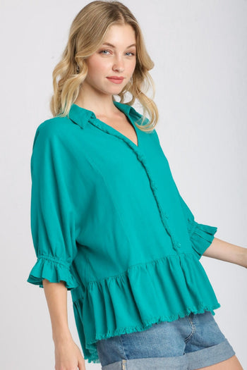 Umgee Linen Blend Top with Half Button Detail and Frayed Hemline in Jade Green