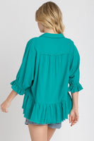 Umgee Linen Blend Top with Half Button Detail and Frayed Hemline in Jade Green