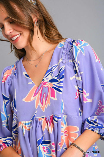 Umgee Baby Doll Top with Smocked Shoulder Detail in Lavender