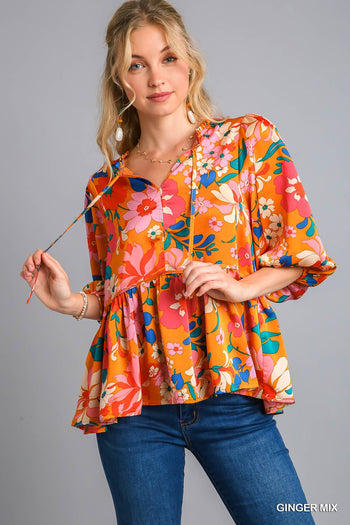 Umgee Satin Floral Baby Doll Top with Adjustable Front Tie in Ginger Mix
