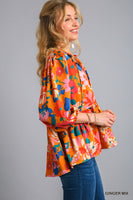 Umgee Satin Floral Baby Doll Top with Adjustable Front Tie in Ginger Mix
