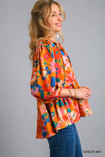 Umgee Satin Floral Baby Doll Top with Adjustable Front Tie in Ginger Mix
