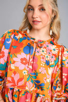 Umgee Satin Floral Baby Doll Top with Adjustable Front Tie in Ginger Mix