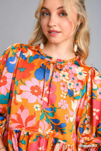Load image into Gallery viewer, Umgee Satin Floral Baby Doll Top with Adjustable Front Tie in Ginger Mix
