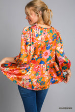 Load image into Gallery viewer, Umgee Satin Floral Baby Doll Top with Adjustable Front Tie in Ginger Mix
