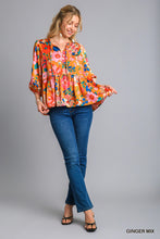 Load image into Gallery viewer, Umgee Satin Floral Baby Doll Top with Adjustable Front Tie in Ginger Mix
