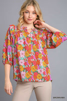 Umgee Multicolor Flower Print V-Notched Top with Smocked Detail in Brown Mix