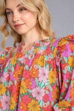Load image into Gallery viewer, Umgee Multicolor Flower Print V-Notched Top with Smocked Detail in Brown Mix
