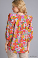 Umgee Multicolor Flower Print V-Notched Top with Smocked Detail in Brown Mix