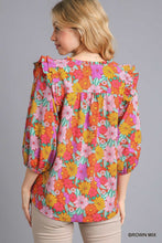 Load image into Gallery viewer, Umgee Multicolor Flower Print V-Notched Top with Smocked Detail in Brown Mix
