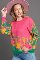 Umgee Colorblock Leopard Pullover Sweater in Sunray Mix