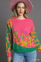 Umgee Colorblock Leopard Pullover Sweater in Sunray Mix