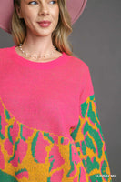 Umgee Colorblock Leopard Pullover Sweater in Sunray Mix