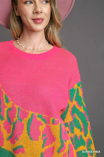 Umgee Colorblock Leopard Pullover Sweater in Sunray Mix