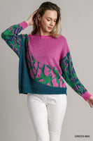 Umgee Colorblock Leopard Pullover Sweater in Green Mix