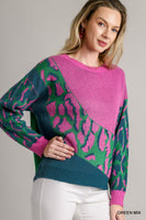 Umgee Colorblock Leopard Pullover Sweater in Green Mix