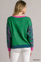 Umgee Colorblock Leopard Pullover Sweater in Green Mix