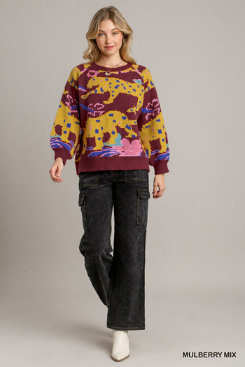 Umgee Animal Jacquard Print Pullover Sweater in Mulberry Mix