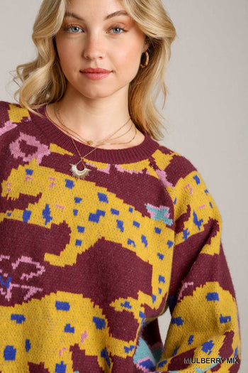 Umgee Animal Jacquard Print Pullover Sweater in Mulberry Mix