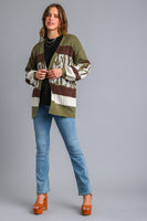 Umgee Multi Color Animal Print Colorblock Sweater Cardigan in Brown/Olive