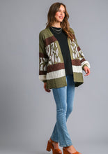 Load image into Gallery viewer, Umgee Multi Color Animal Print Colorblock Sweater Cardigan in Brown/Olive
