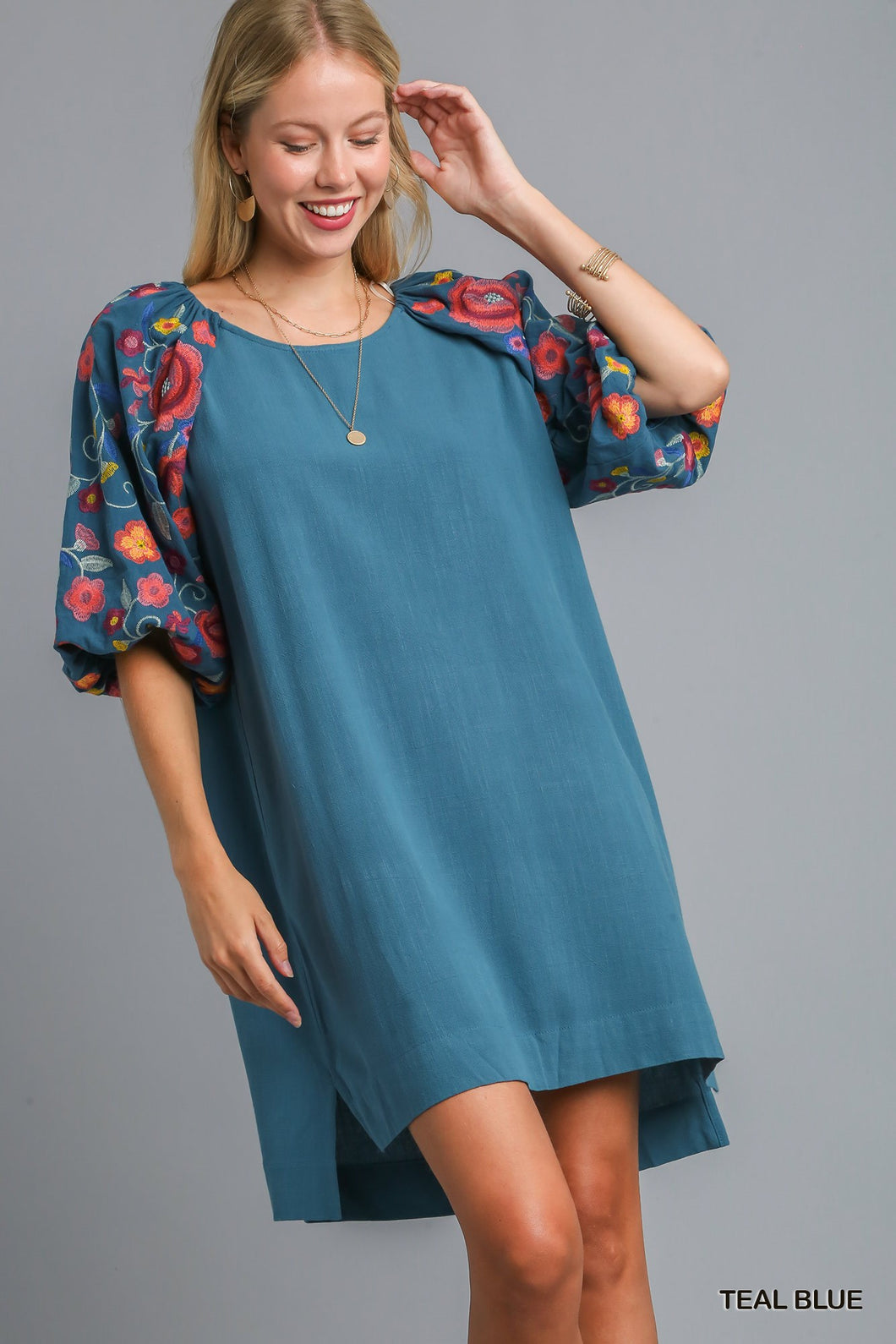 Umgee Embroidered Puff Sleeve Dress in Teal Blue