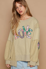 Load image into Gallery viewer, POL Solid Color French Terry Top with LOVE Patches in Olive Powder
