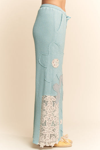 Davi & Dani Thermal Knit and Lace Pants with Flower Patches in Light Blue Grey