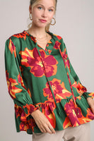 Umgee Satin Print 3/4 Sleeve Ruffle Neck Tie Tiered Top in Green Mix