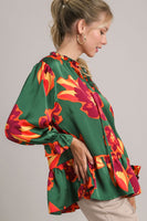 Umgee Satin Print 3/4 Sleeve Ruffle Neck Tie Tiered Top in Green Mix