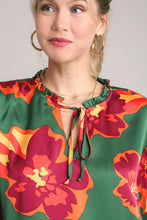 Load image into Gallery viewer, Umgee Satin Print 3/4 Sleeve Ruffle Neck Tie Tiered Top in Green Mix
